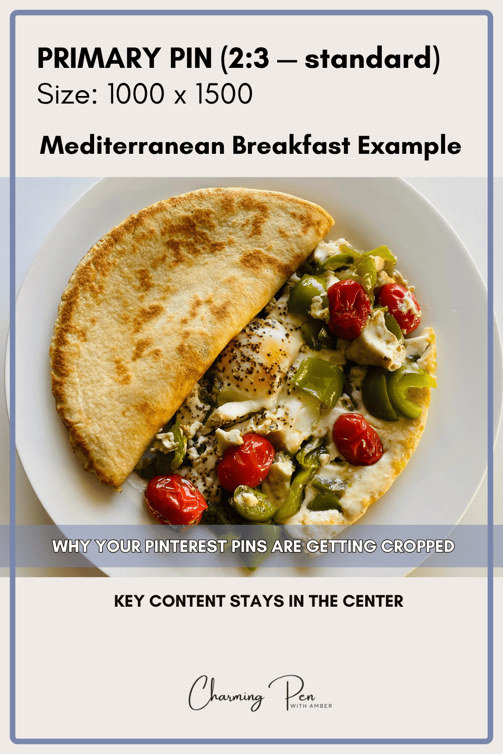 Delicious Mediterranean breakfast pizza with vegetables and eggs on a white plate.