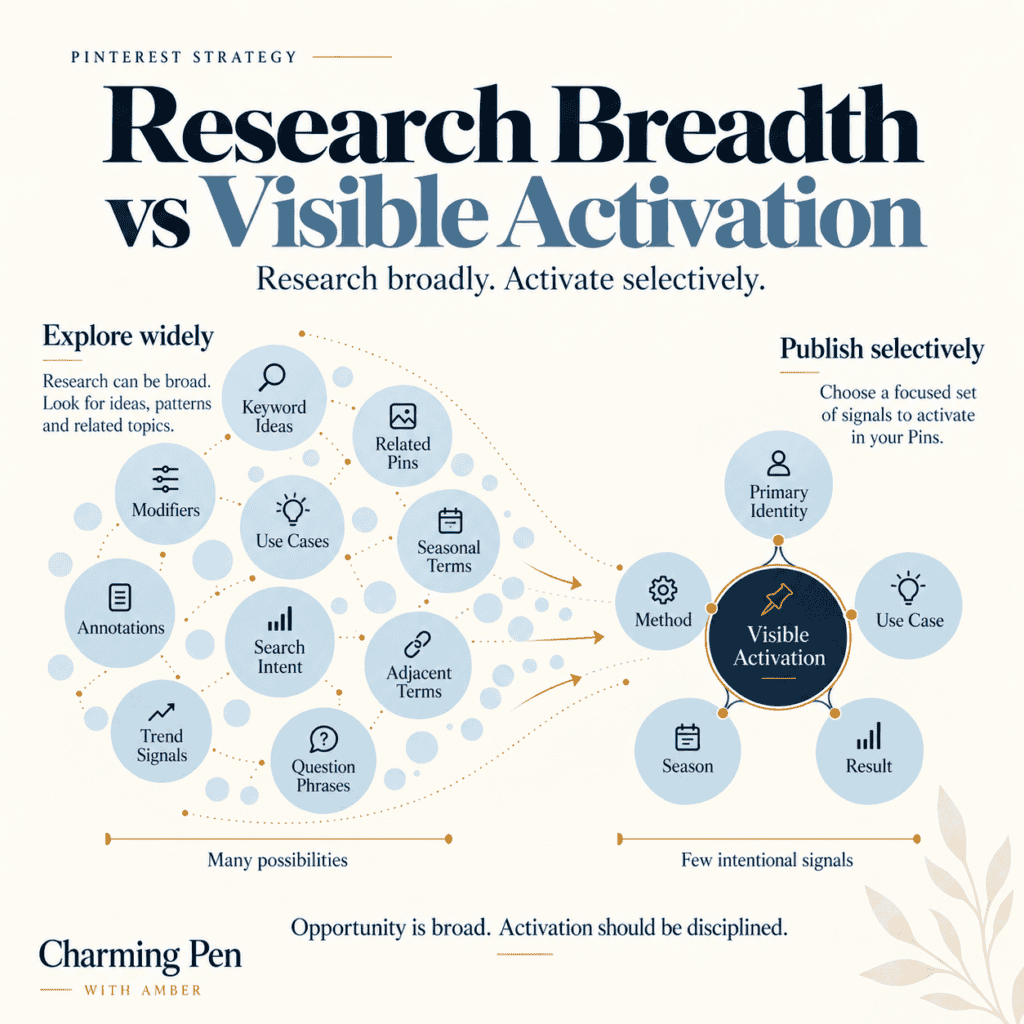 research breadth vs visible activation of keywords for pins