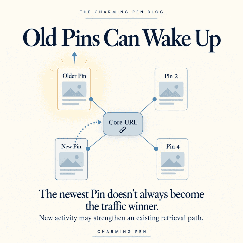illustrations showing how reinforcing pins can make older pins 'wake up' or be reshown in pinterest feed