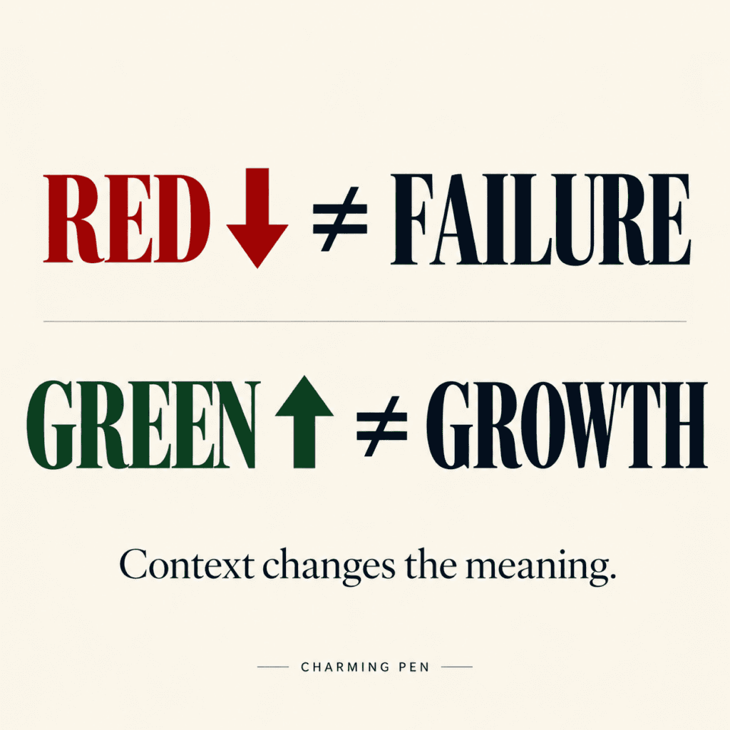 text graphic show analytics in red going down and up in green one is not failure and one isn't always growth