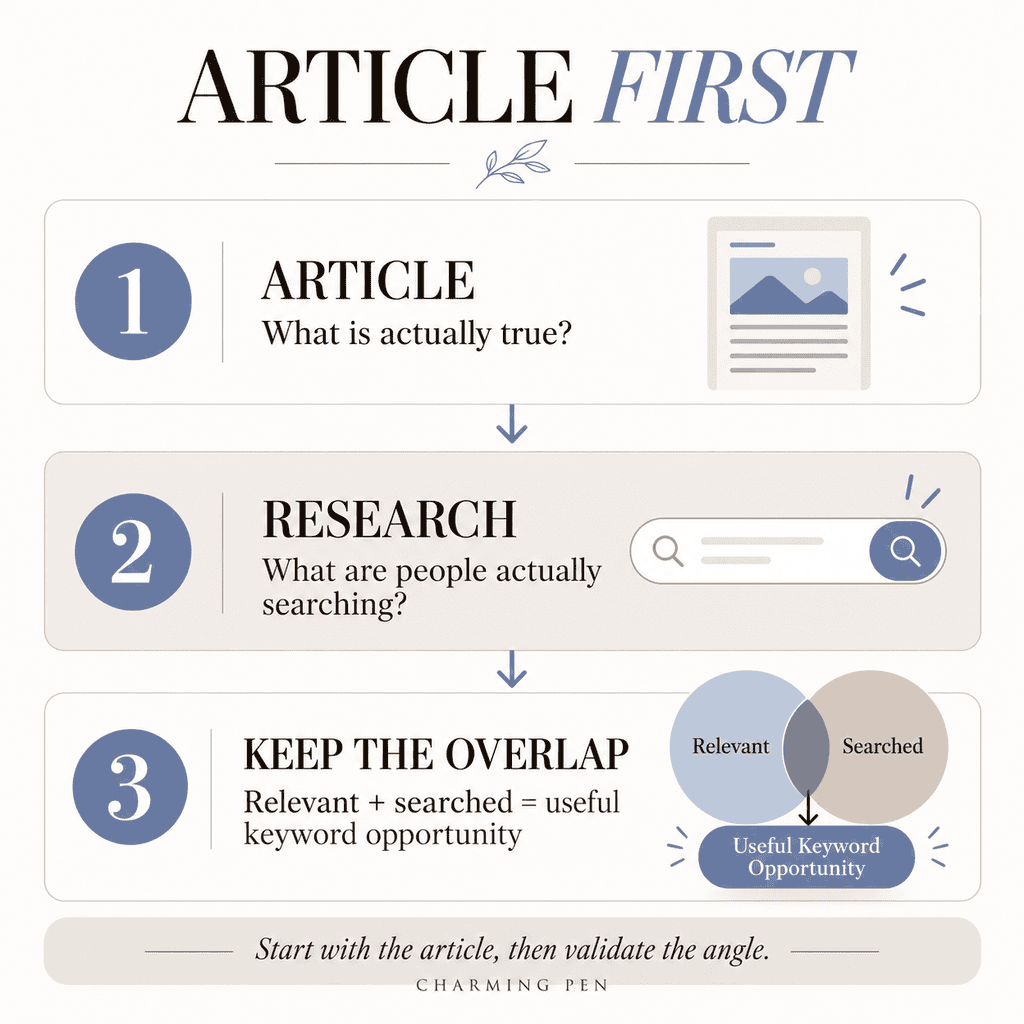 Pinterest keyword research infographic showing a three-step process: start with what is true in the article, research what people are searching for, and keep the overlap to find useful keyword opportunities.