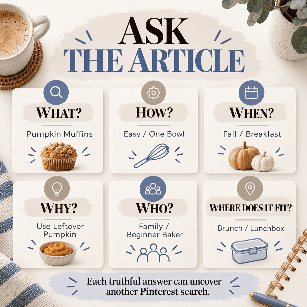 Pinterest keyword research infographic showing how to ask what, how, when, why, who, and where a blog post fits to uncover truthful keyword ideas for the same article.