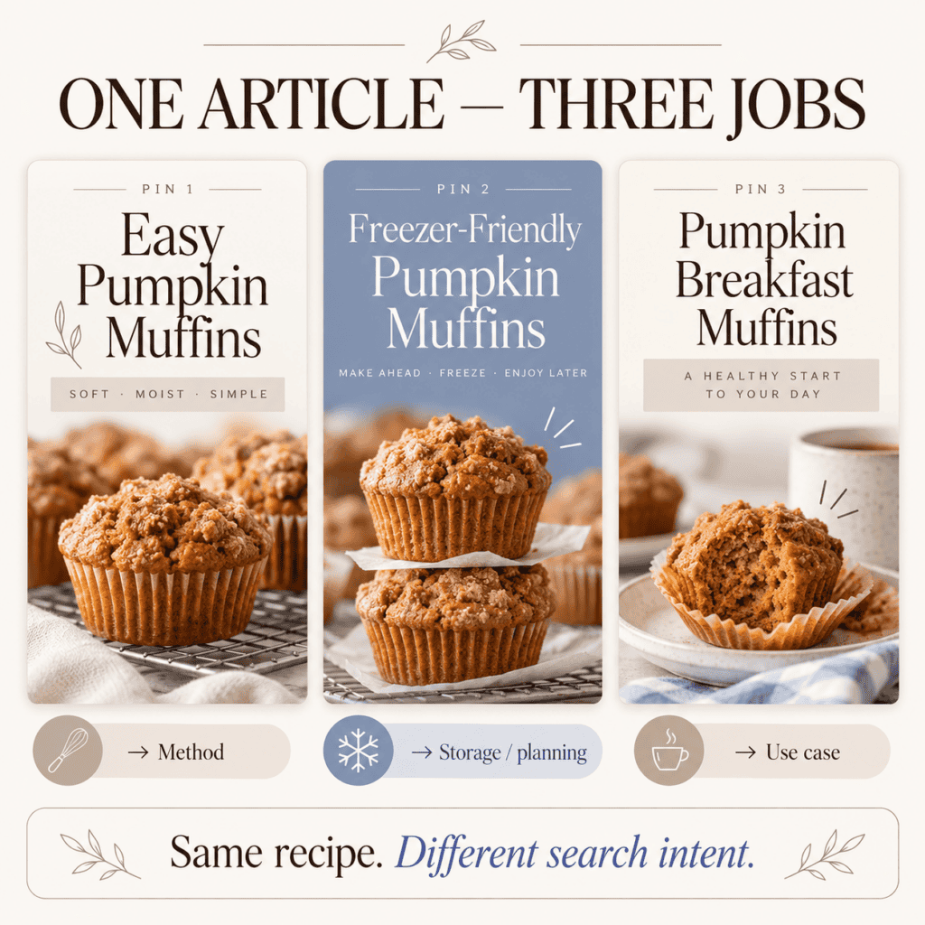 Pinterest infographic showing one pumpkin muffin article used for three distinct Pin jobs: Easy Pumpkin Muffins for method, Freezer-Friendly Pumpkin Muffins for storage and planning, and Pumpkin Breakfast Muffins for a breakfast use case.