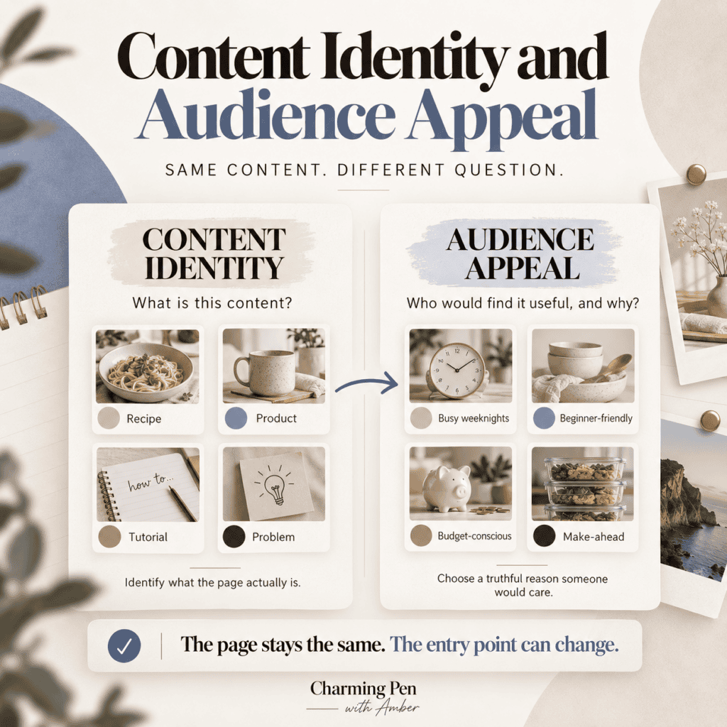 Pinterest strategy infographic comparing content identity with audience appeal, showing what a page is and why different audiences may find it useful.