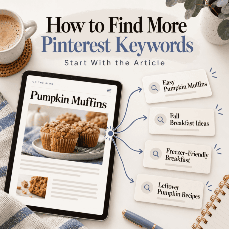 How to find Pinterest keywords for a blog post graphic showing a pumpkin muffin article branching into search ideas such as easy pumpkin muffins, fall breakfast ideas, freezer-friendly breakfast, and leftover pumpkin recipes.