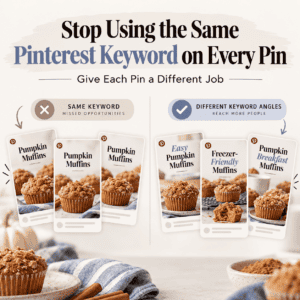 Hero graphic comparing repetitive Pinterest keyword use with better keyword variation, showing three identical Pumpkin Muffins pins on one side and three distinct pins—Easy Pumpkin Muffins, Freezer-Friendly Muffins, and Pumpkin Breakfast Muffins—on the other.