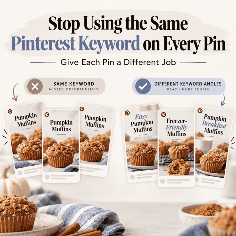 Hero graphic comparing repetitive Pinterest keyword use with better keyword variation, showing three identical Pumpkin Muffins pins on one side and three distinct pins—Easy Pumpkin Muffins, Freezer-Friendly Muffins, and Pumpkin Breakfast Muffins—on the other.