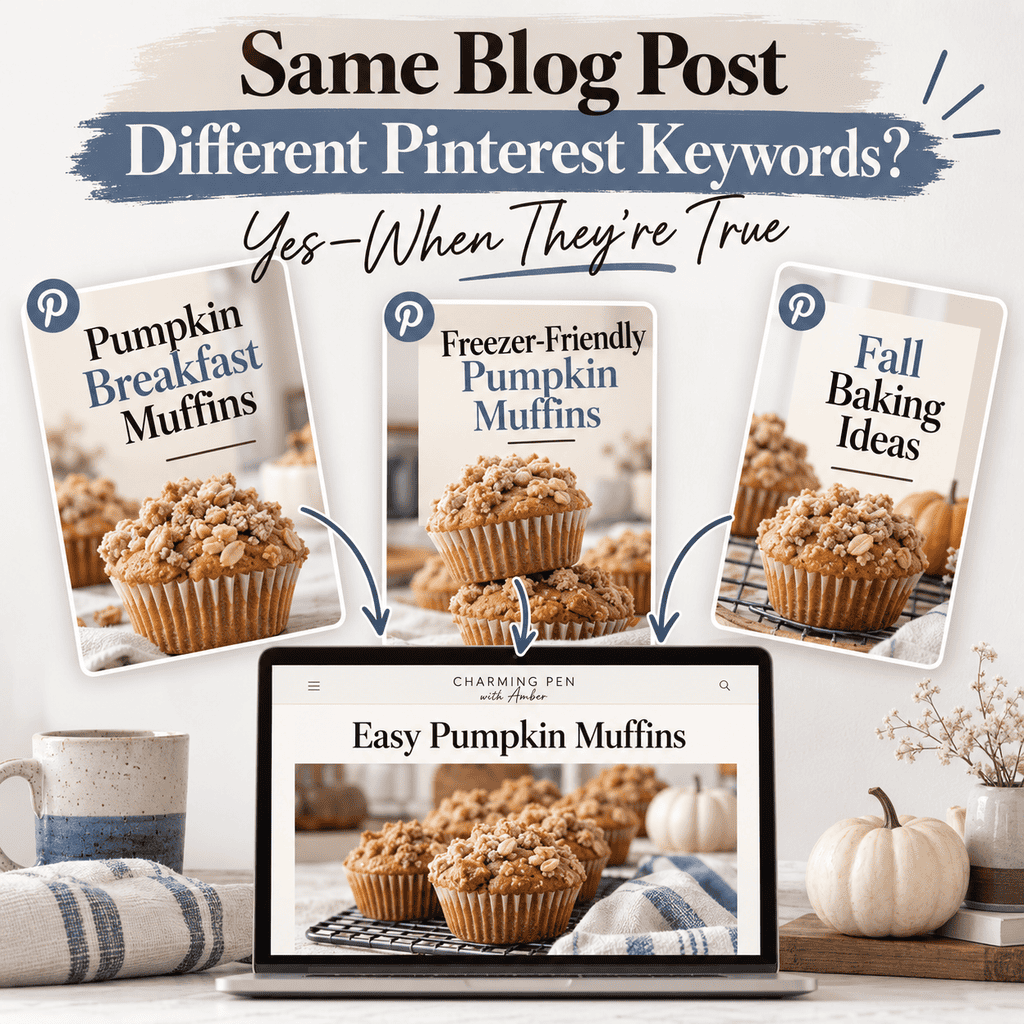 Pinterest infographic showing one Easy Pumpkin Muffins blog post connected to three Pins targeting Pumpkin Breakfast Muffins, Freezer-Friendly Pumpkin Muffins, and Fall Baking Ideas to illustrate truthful keyword variation for the same article.