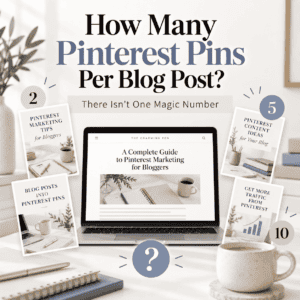 How many Pinterest Pins per blog post graphic showing one blog article surrounded by several Pinterest Pin designs, illustrating that there is no single magic number of Pins to create.