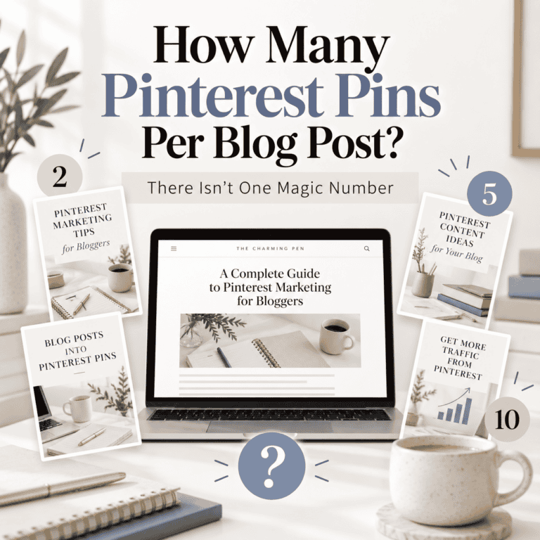 How many Pinterest Pins per blog post graphic showing one blog article surrounded by several Pinterest Pin designs, illustrating that there is no single magic number of Pins to create.