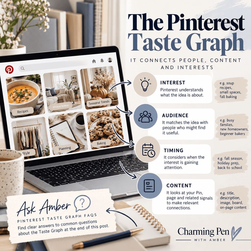 Pinterest Taste Graph infographic showing how content connects with interests, audiences and timing using Pinterest examples in Charming Pen brand colors.