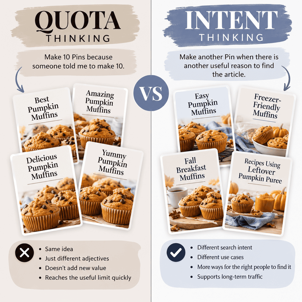 Pinterest Pin strategy infographic comparing quota thinking with intent thinking, using pumpkin muffin examples to show repetitive Pin titles versus distinct search intents such as easy, freezer-friendly, fall breakfast, and leftover pumpkin recipes.