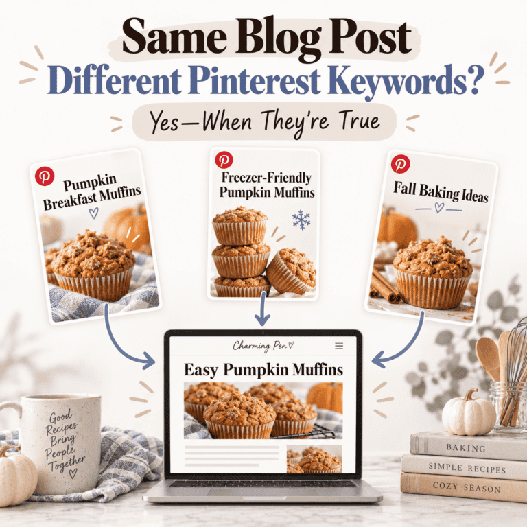 Central blog post titled Easy Pumpkin Muffins with three Pinterest Pins branching to Pumpkin Breakfast Muffins, Freezer-Friendly Pumpkin Muffins, and Fall Baking Ideas, showing how one article can use different truthful Pinterest keywords.
