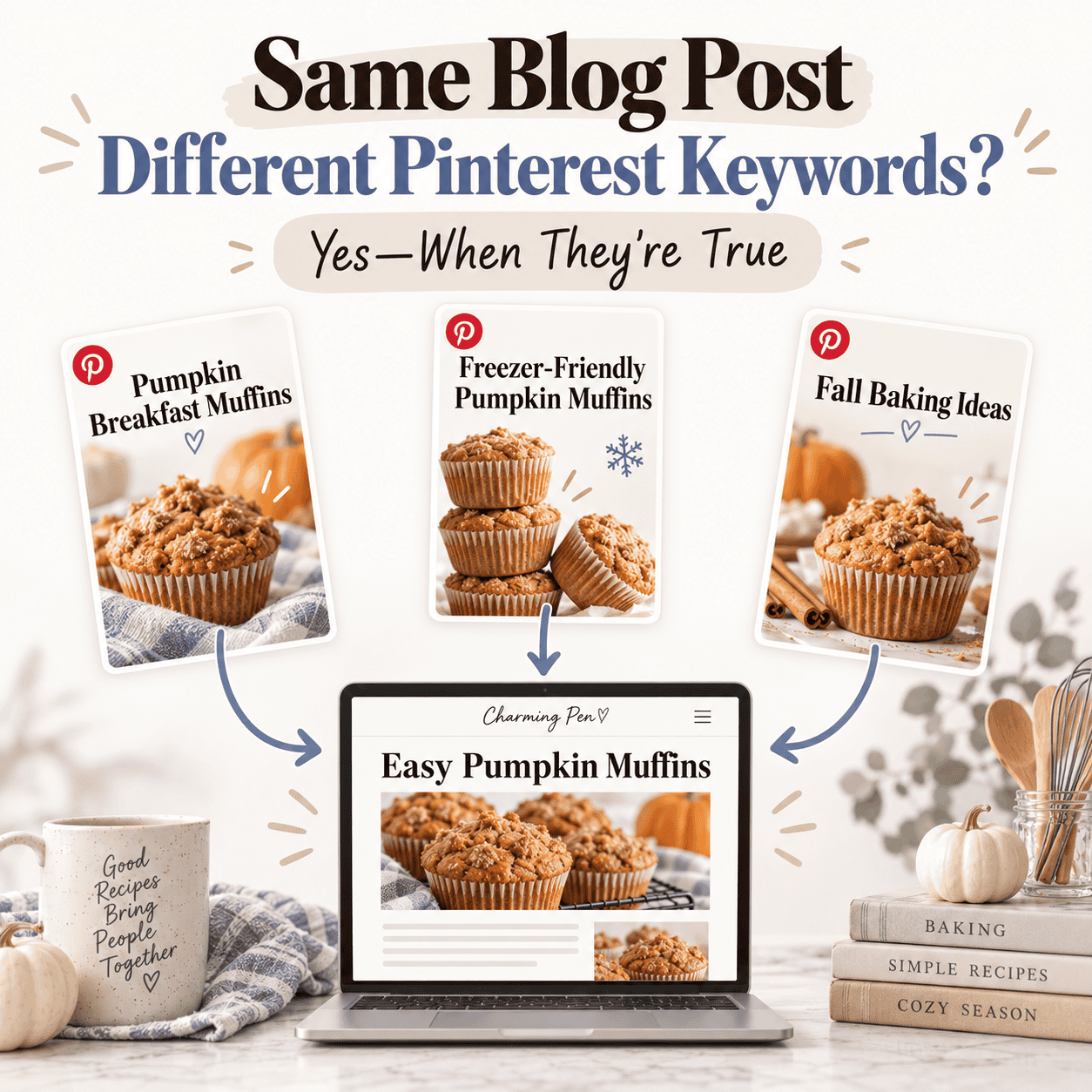 Central blog post titled Easy Pumpkin Muffins with three Pinterest Pins branching to Pumpkin Breakfast Muffins, Freezer-Friendly Pumpkin Muffins, and Fall Baking Ideas, showing how one article can use different truthful Pinterest keywords.
