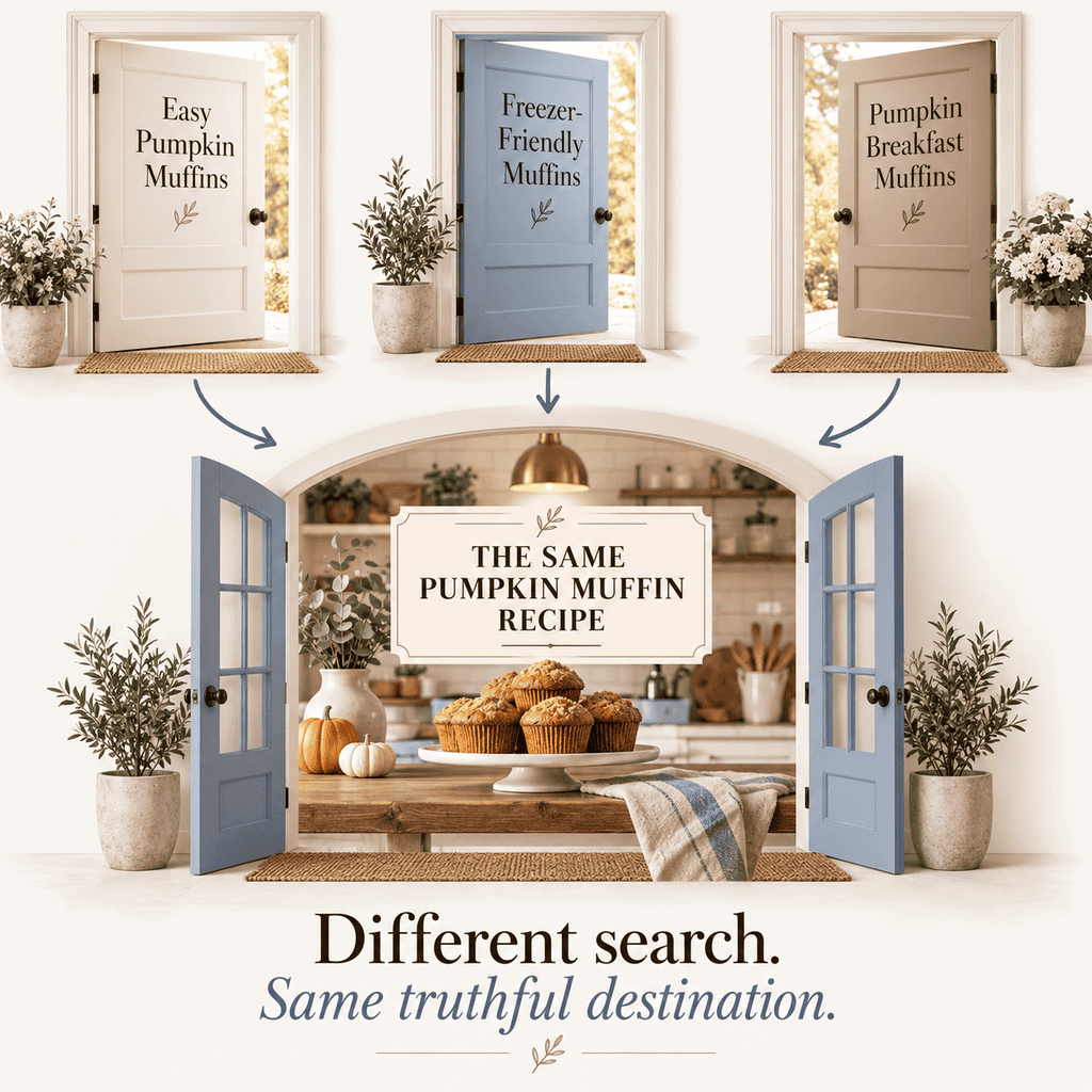 Three Pinterest keyword doorways—Easy Pumpkin Muffins, Freezer-Friendly Muffins, and Pumpkin Breakfast Muffins—leading to the same pumpkin muffin recipe, illustrating different searches with one truthful destination.