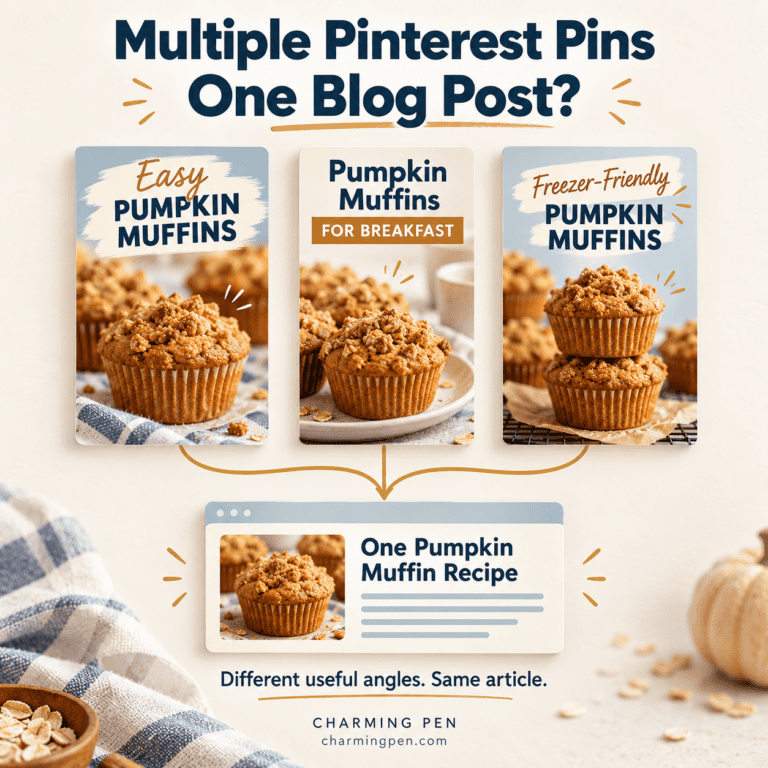 Three pumpkin muffin Pinterest Pins with different messages linking to one blog post, in Charming Pen’s brand colors.
