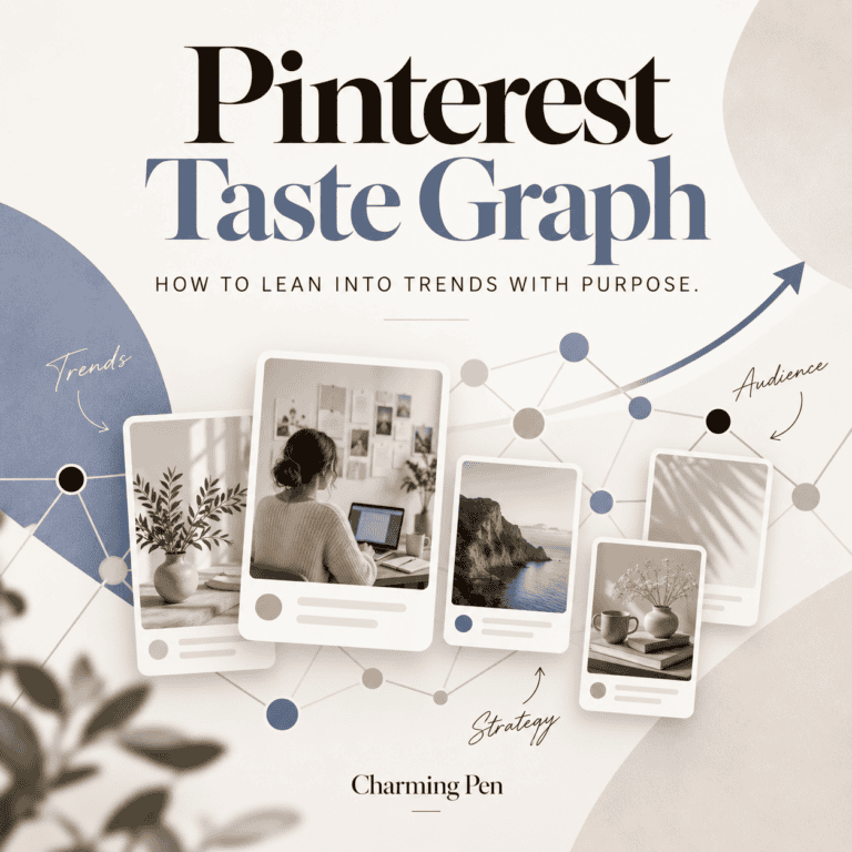 Pinterest Taste Graph hero graphic showing connected interests, audience, trends and content strategy in Charming Pen brand colors.